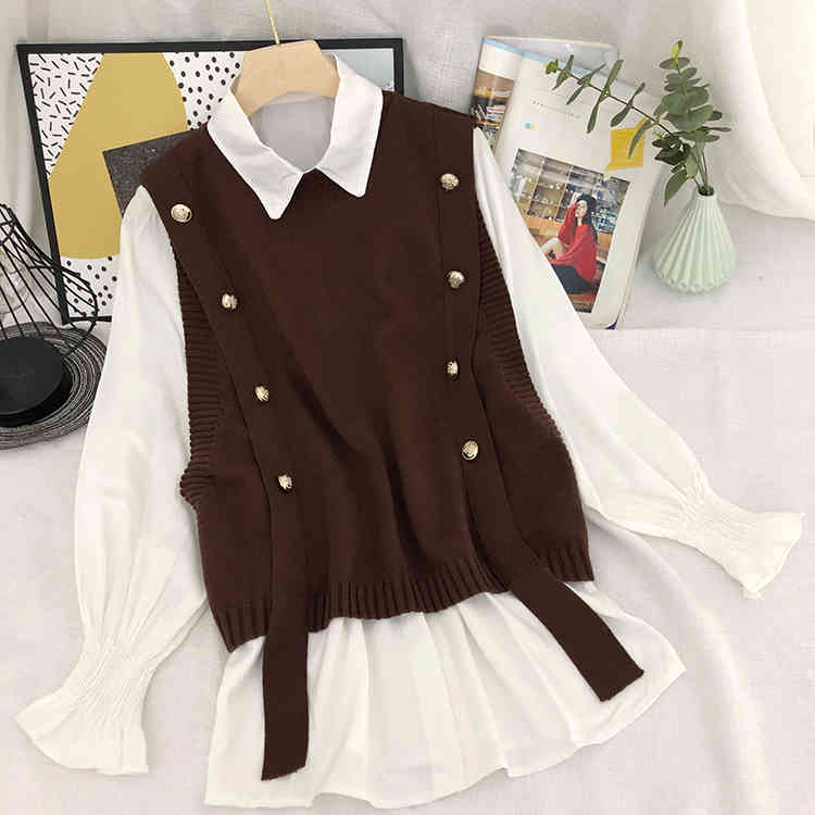 Elegant Two Pieces Set Women Button Bandage Sweater Vest + White Longsleeve Blouse Korean Fashion Clothes Suit 210422