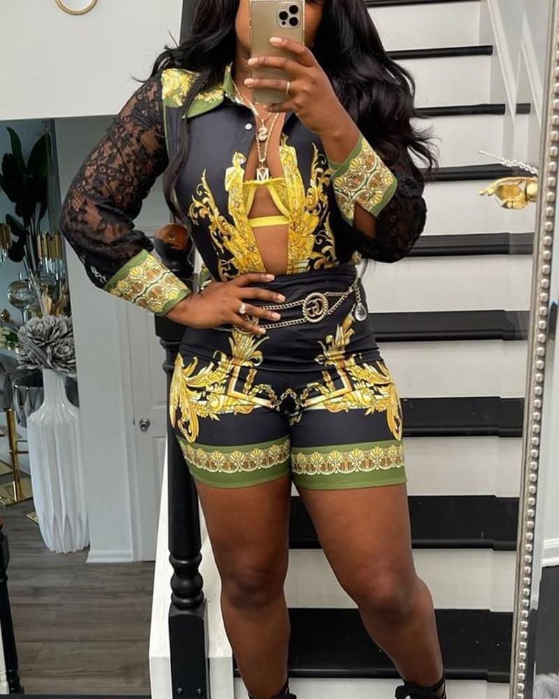 Women' Tracksuits Scarf Print Contrast Lace Button Up Top & Shorts Set Women Two Piece Outfits, Multicolor
Women' Tracksuits Scarf Print Contrast Lace Button Up Top & Shorts Set Women Two Piece Outfits, Multicolor
