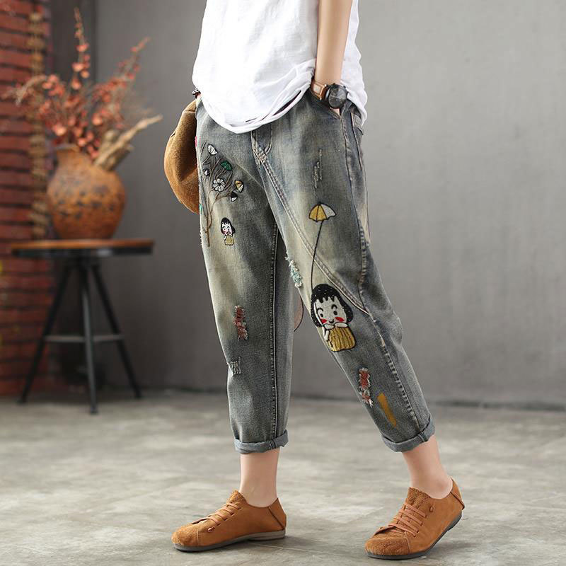 Spring Fashion Women Jeans Elastic Waist Loose Embroidery Cotton Denim Harem Pants Casual vintage Patched D109 210512