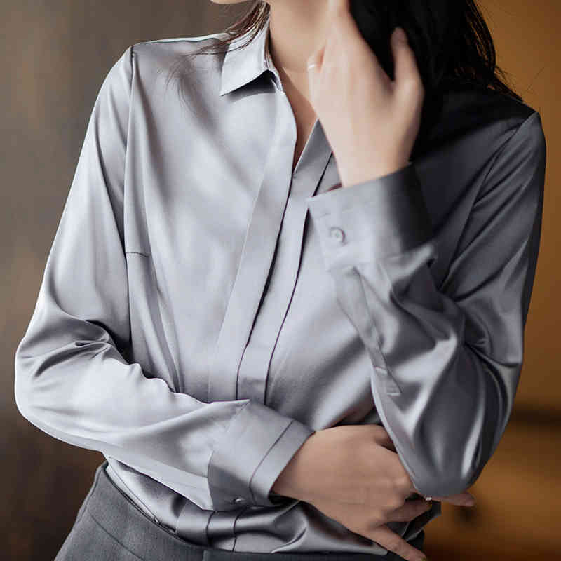 Casual Long Sleeve Single Breasted Blouse Spring Autumn Silk Satin Shirt Women Solid Vintage Ladies Clothing 12283 210415