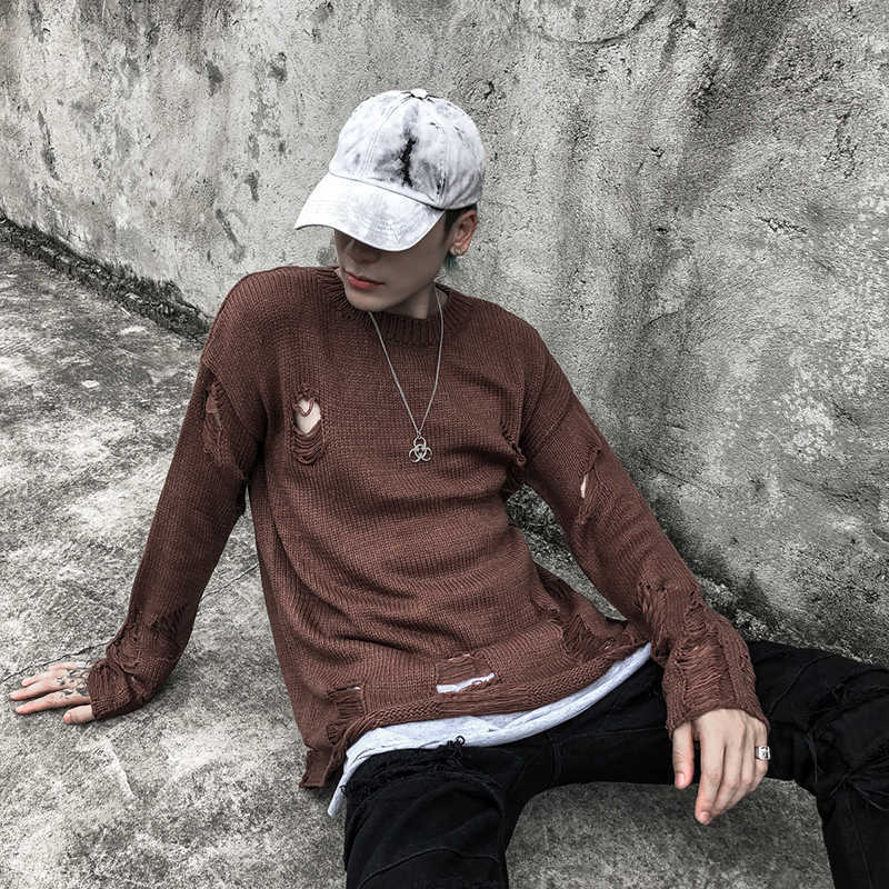 Wash Hole Ripped Knit Sweaters Men Women Streetwear Hip Hop Pullovers Jumper Fashion Oversized All-match Men Winter Clothes 210818