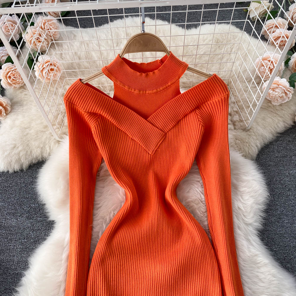 New design womens o-neck candy color off shoulder sexy bodycon tunic knitted knee length dress