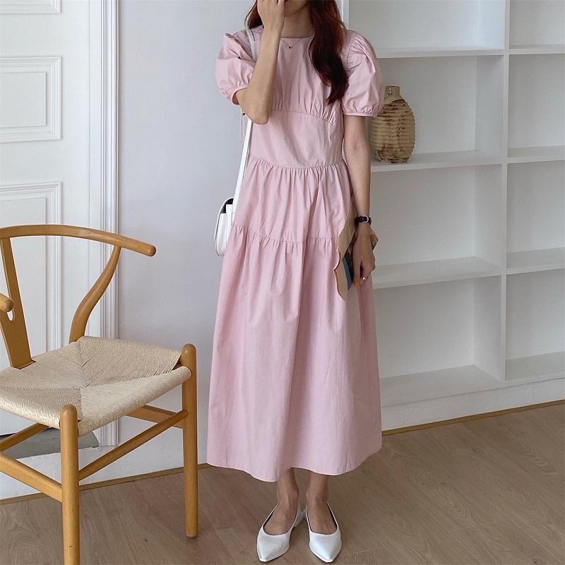 MATAKAWA Elegant Round Neck Women Dress Casual Pleated Robe Femme High Waist Long Vestidos Puff Sleeve Dresses Woman 210513