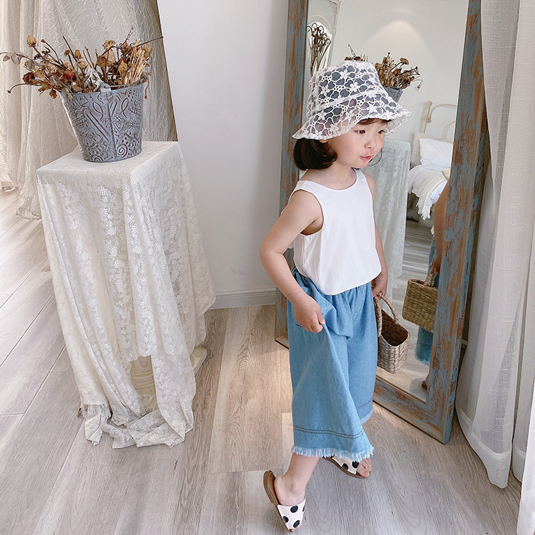 Summer girls fashion clothes sets back bowknot vest and thin wide leg denim pants 2 pcs 210508