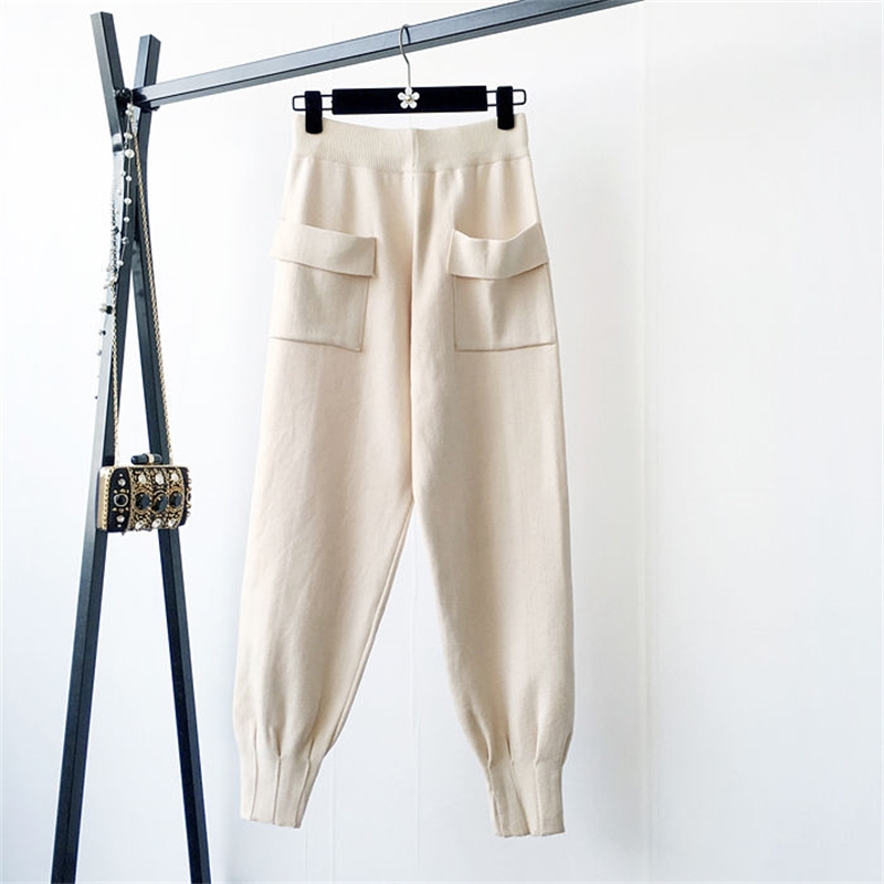 Nomikuma Spring Autumn Knitted Harem Pants Korean Double Pockets Solid Causal Ankle Trousers New Women Sweater Pants 6E258 210427