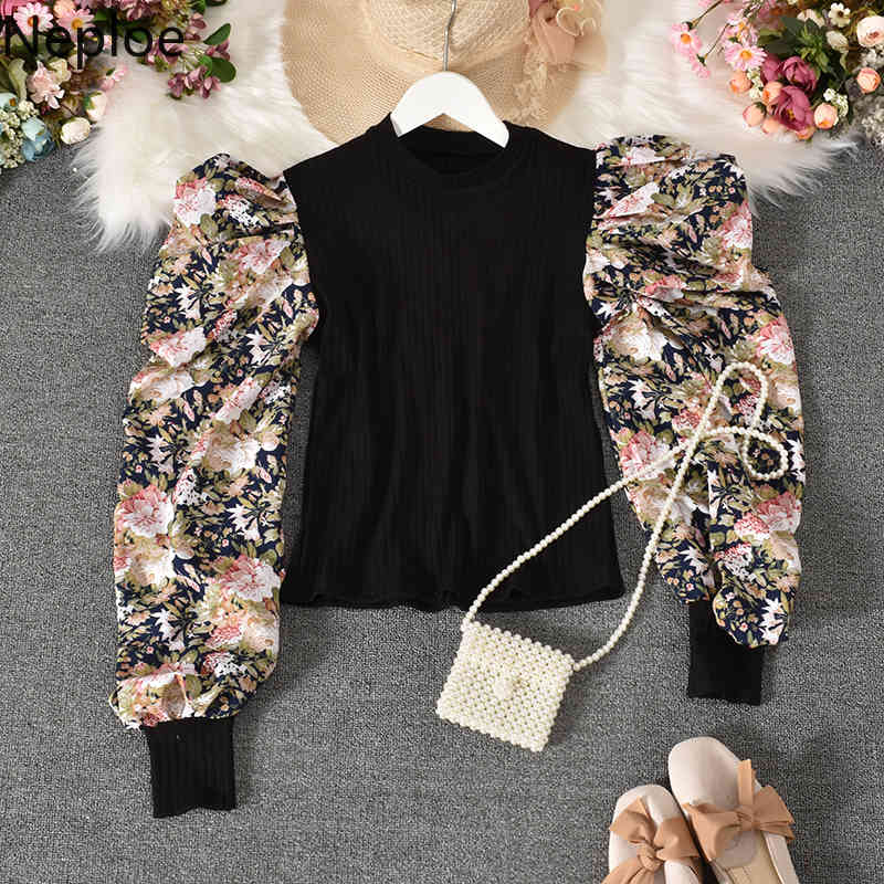 Neploe Patchwork Blouse Fashion Puff Floral Long Sleeve Women Shirts Summer New Korean Slim Sweet Blusas Top Femme 94456 210422