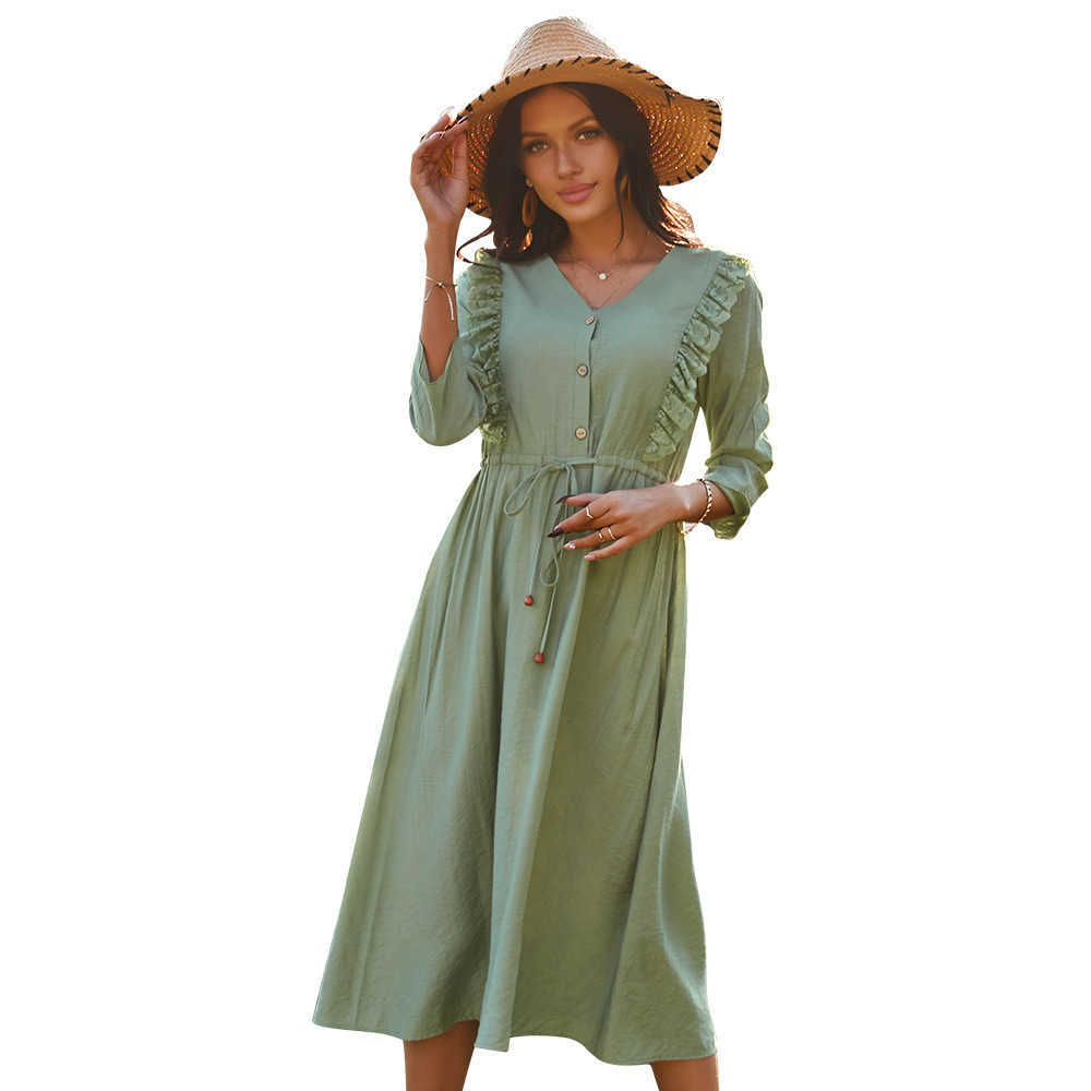 Spring Summer Women's Dress Casual cotton V-neck buttons 3/4 sleeve long dresses feamle sweet high quality 210524