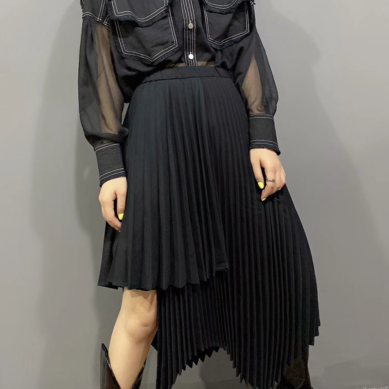 Asymmetrical Pleated Skirt For Women High Waist Irregular Hem Black Skirts Female Fashion Clothing 210521