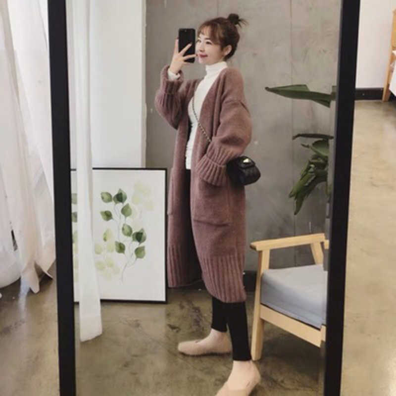 Fall Womens Korean Style Loose Big Pockets Knitted Cardigan Long Fashionable Sweater Winter Thick Casual Mujer 210604