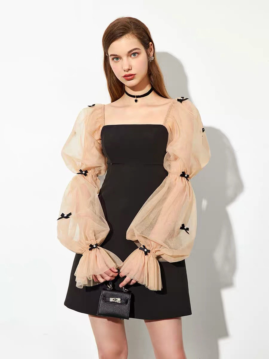 arrival fashon black patchw mesh flare long sleeve bow appliques mini bodycon dress for women casual party night club 210421