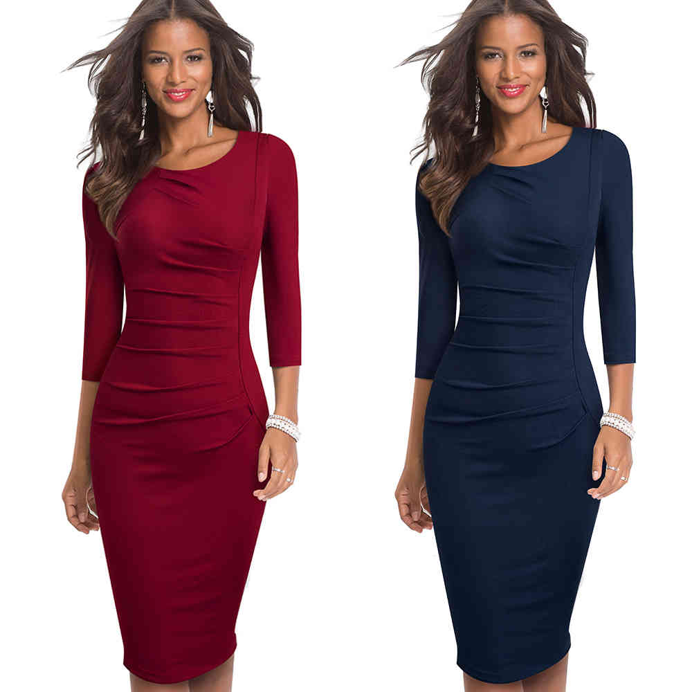 Nice-Forever Solid Color Elegant Work Office Dresses Business Formal Party Bodycon Sheath Women Dress B584 210409