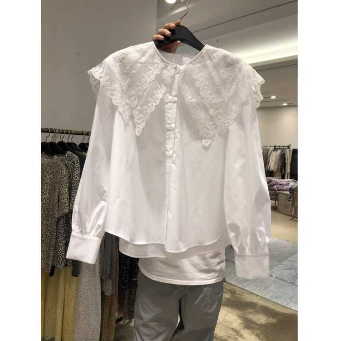 Spring All Match Solid Lace Patchwork Peter Pan Collar Full White Shirt Women's Loose Top 210615