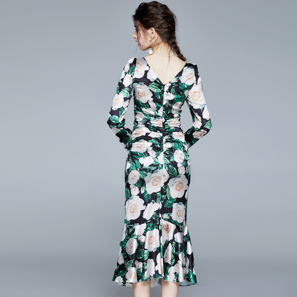Runway Women's elegant Square collar Long sleeve Vintage Flower print Mermaid Party Ruffles Bodycon Dress 210519