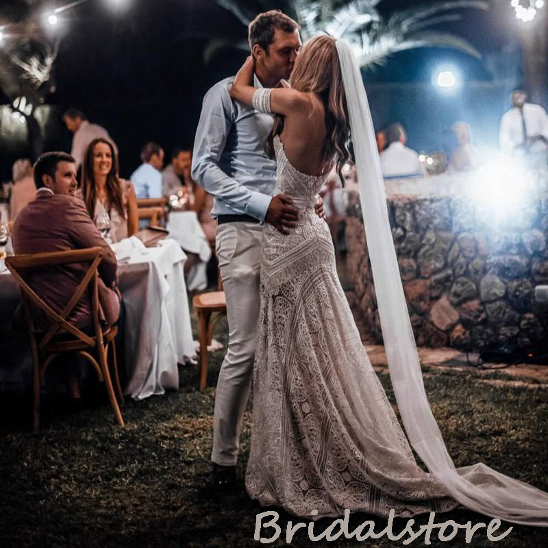 2022 Crochet Lace Mermaid Wedding Dress Sexy Sweetheart Rustic Country Wedding Dresses For Beach Bride Vintage FlowyBackless Bohemian Bridal Robes De 
