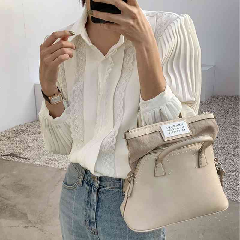 Spring Fashion Lace Shirts Lapel Lady's Top Creamy-white Pleated Long Sleeve Blouse Women Elegant Female 12637 210427