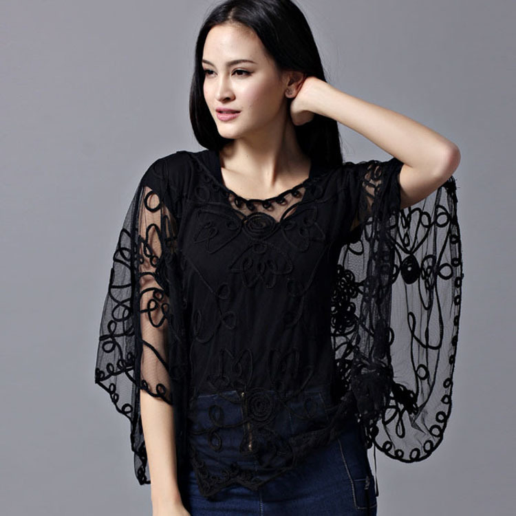 Summer Fashion Women Batwing Sleeve Blouses Loose Plus Size Hollow Lace Shirt Cardigan 's Clothing Blusas 803J 210518