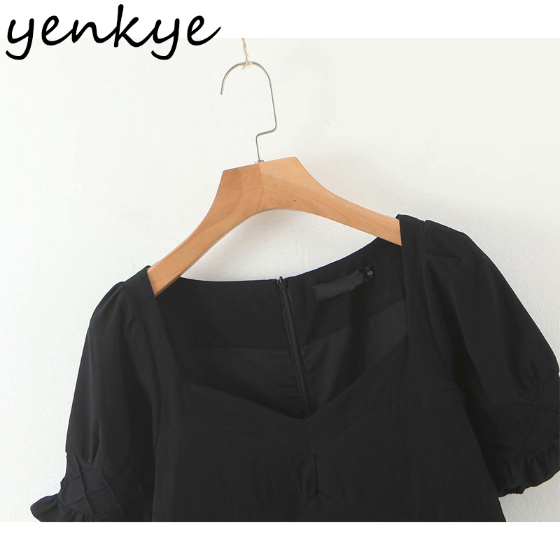YENKYE Fashion Women Vintage Black Dress Female Sexy V Neck Short Sleeve A-line Mini Elegant Lady Dresses Summer Robe 210515