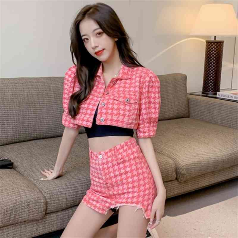 Elegant Women 2 Piece Set Korean Lady Pink Plaid Denim Sexy Short Jacket + High Waist Mini Skirt Fashion Suit 210519