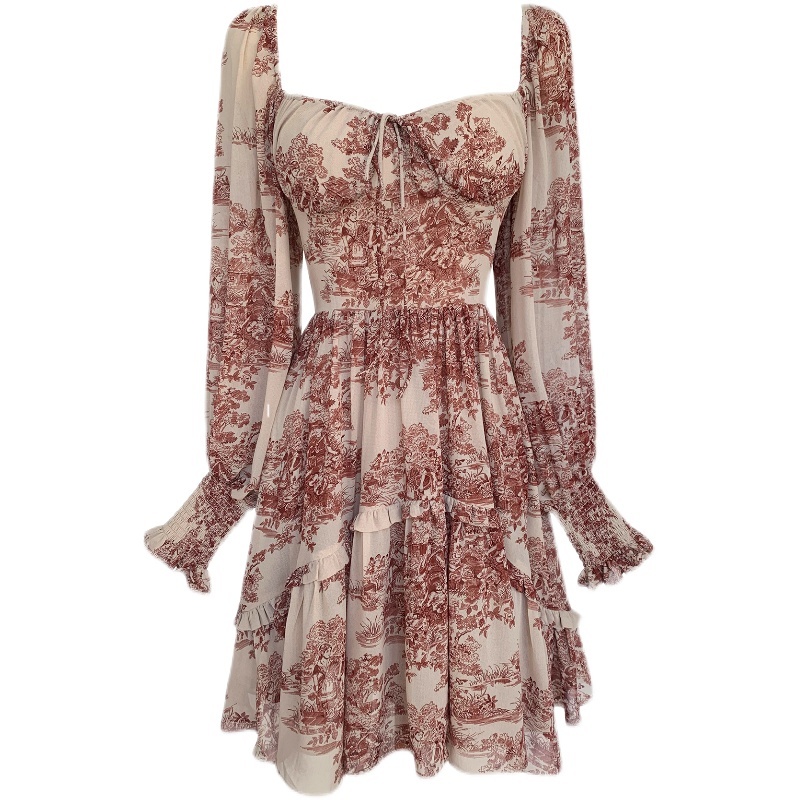 Women Spring Elegant Square Collar Puff Sleeve Floral Print Chiffon Dresses Vintage High Waist Chic Ruffle Dresses Vestidos 210518