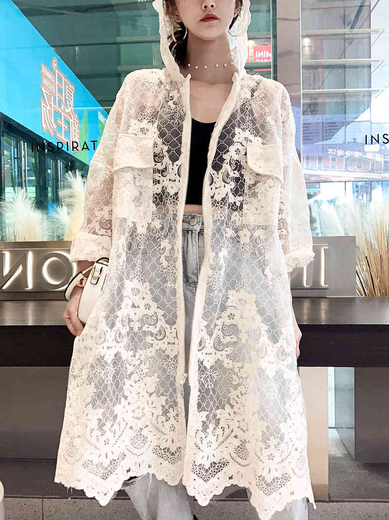 Summer Mesh Lace Embroidery Coat Sun Protection Shirt Seaside Vacation Lace-up Long Cardigan Hooded Women Zip 210506