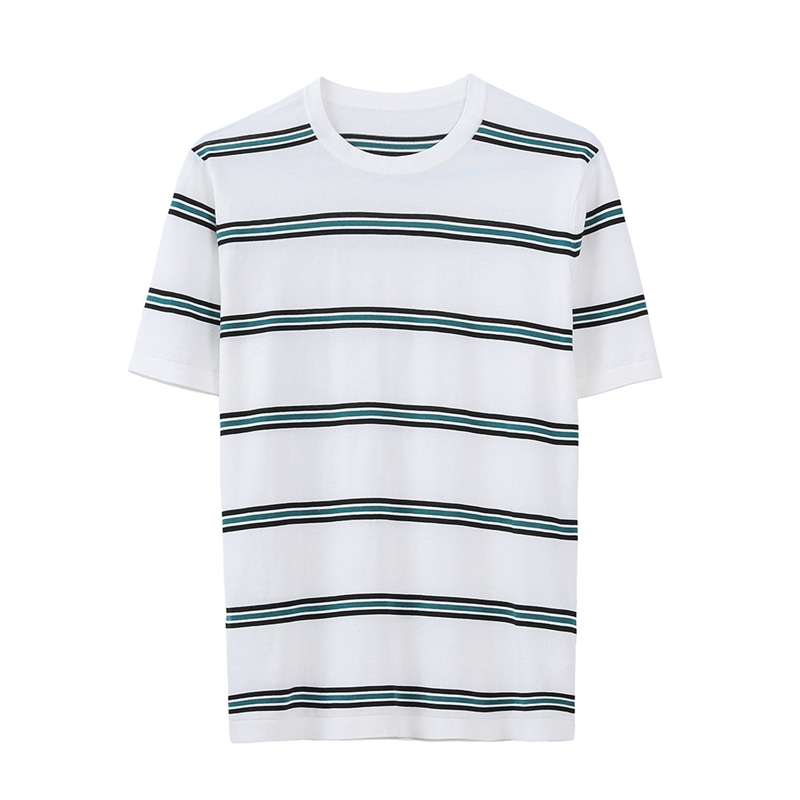 Men's summer new casual stripe color contrast short sleeve t-shirt men's thin mulberry silk T-shirt