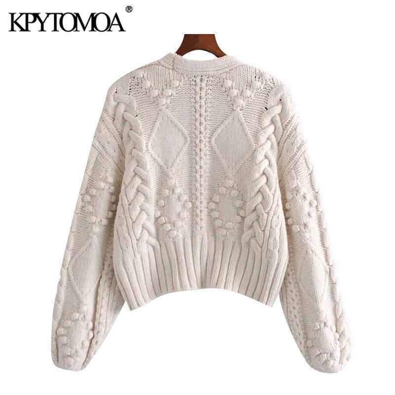 KPYTOMOA Women Fashion Pompom Appliques Cropped Knitted Cardigan Sweater Vintage Long Sleeve Female Outerwear Chic Tops 210918