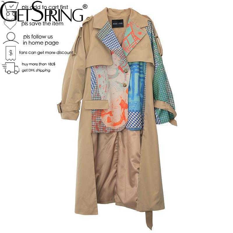 GetSpring Women Trench Coat Asymmetry Hem Long Print Sleeve Single Breasted Windbreaker Woman Tops Autumn Winter 210820