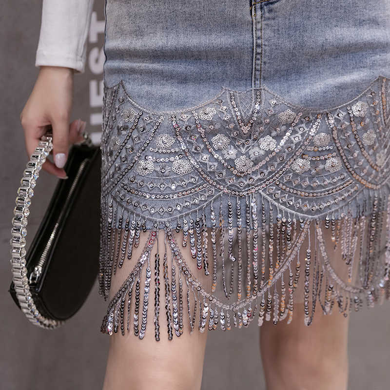 Summer Korean Sexy Women Denim Mini Skirts High Waist Blue Package Hip Jeans Fashion Beading Tassel SKirt B05601 210619