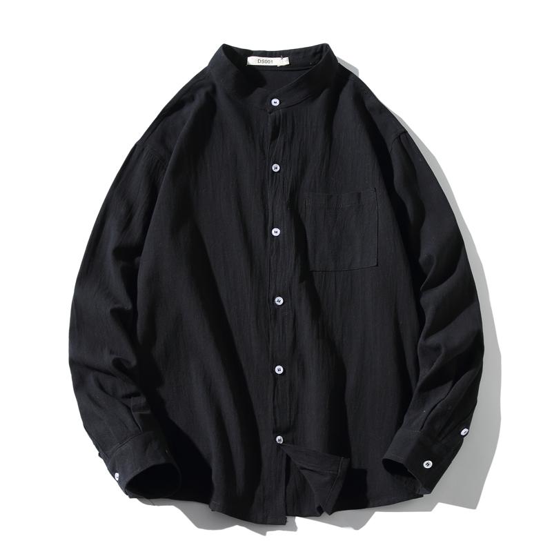 Fashion Cotton Linen Stand-up Collar Shirt For Men Autumn Loose Thin Harajuku Long Sleeve Solid Color Plus Size Top Male Men's Casual Shirts