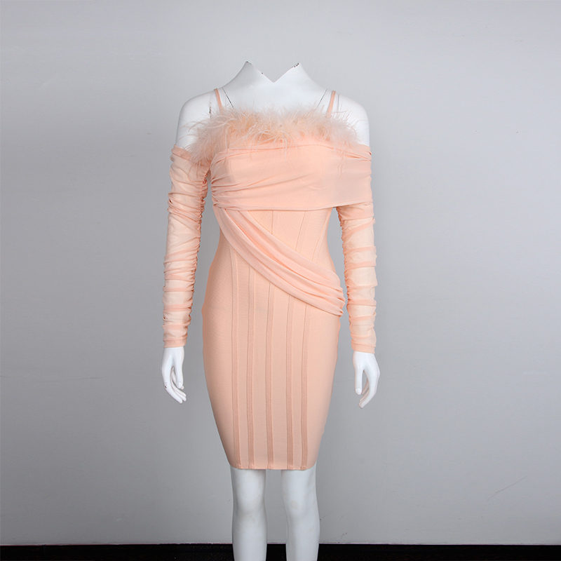 DEIVE TEGER Women's Blush mesh off Shoulder Feathers Blush Mesh Corset Bandage Winter Vestido Club Cocktail Party Dress 9020 210409