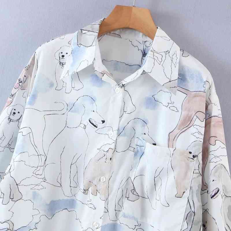 Women Dog Print Single Pocket Loose Shirts Female Long Sleeve Blouses Casual Lady Turndown Collar Tops Blusas S8275 210430