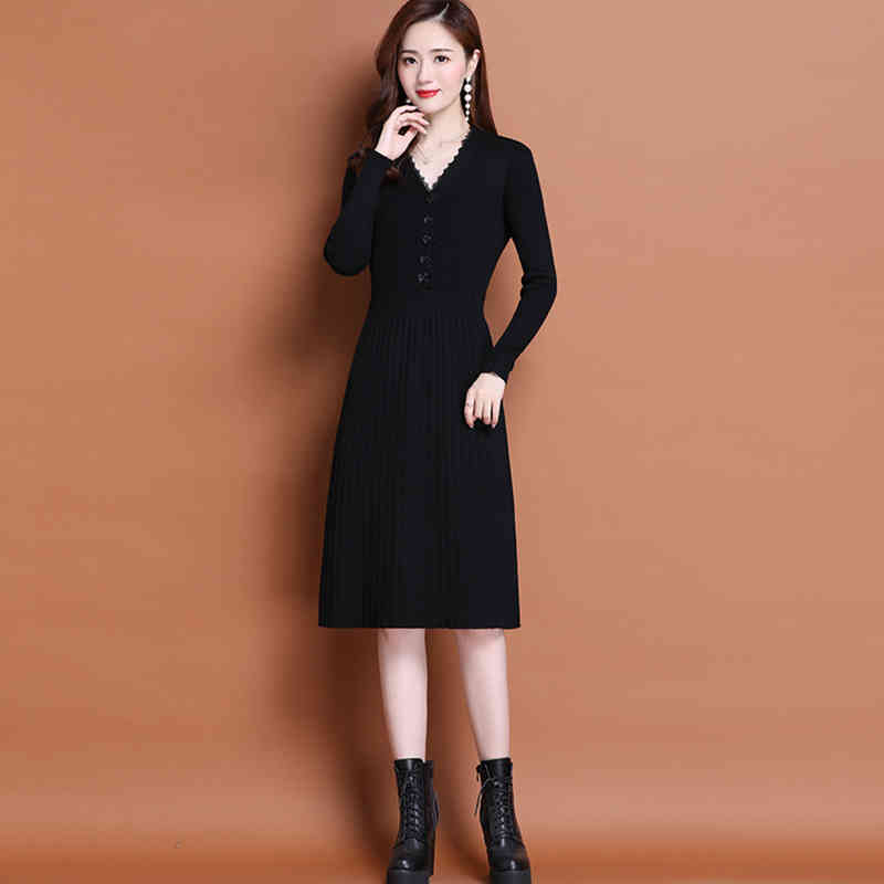 Lace Patchwork V-Neck Slim Waist Stretch Knitted Dress Women Button Decorations Knee-Length Lady Long Sleeve Knitwear Dresses 210522