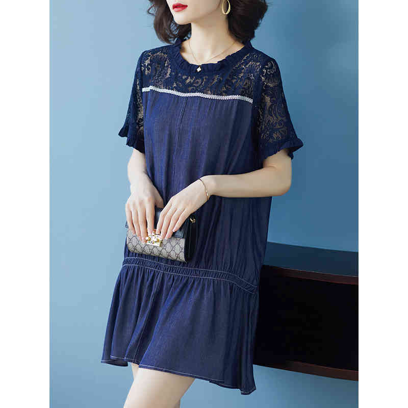 Vintage Plus Size A-Line Lace Denim Patchwork Women Spring Summer Short Sleeve Jeans Ladies Loose Midi Shirt Dress D12801X 210416