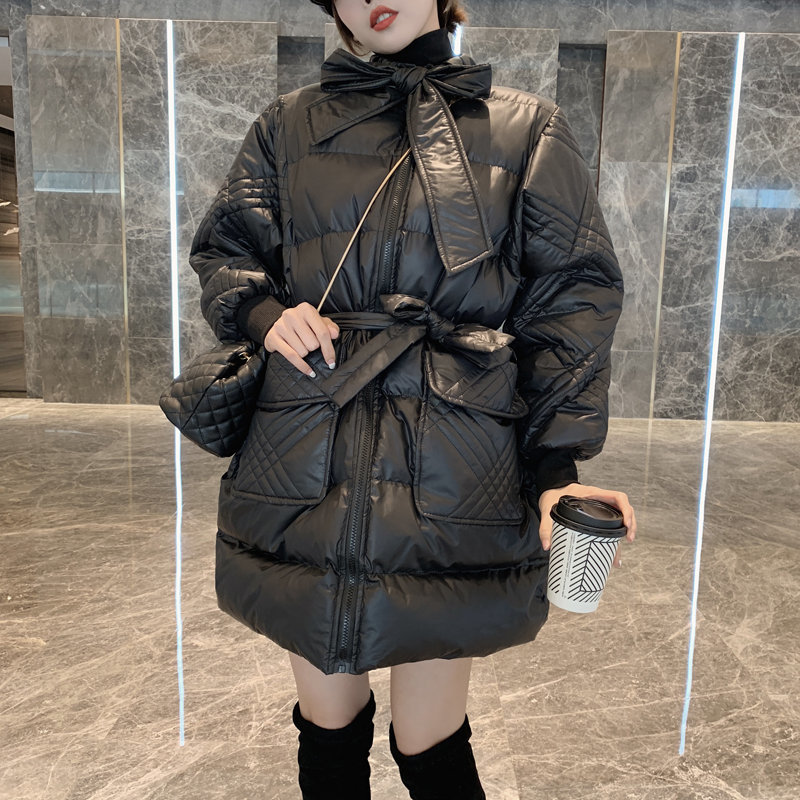 Stylish Casual Jacket Lace-Up Outwear Brief Girls All-Match Thick Warm Winter Loose Women Mid-Length Jackets 210421