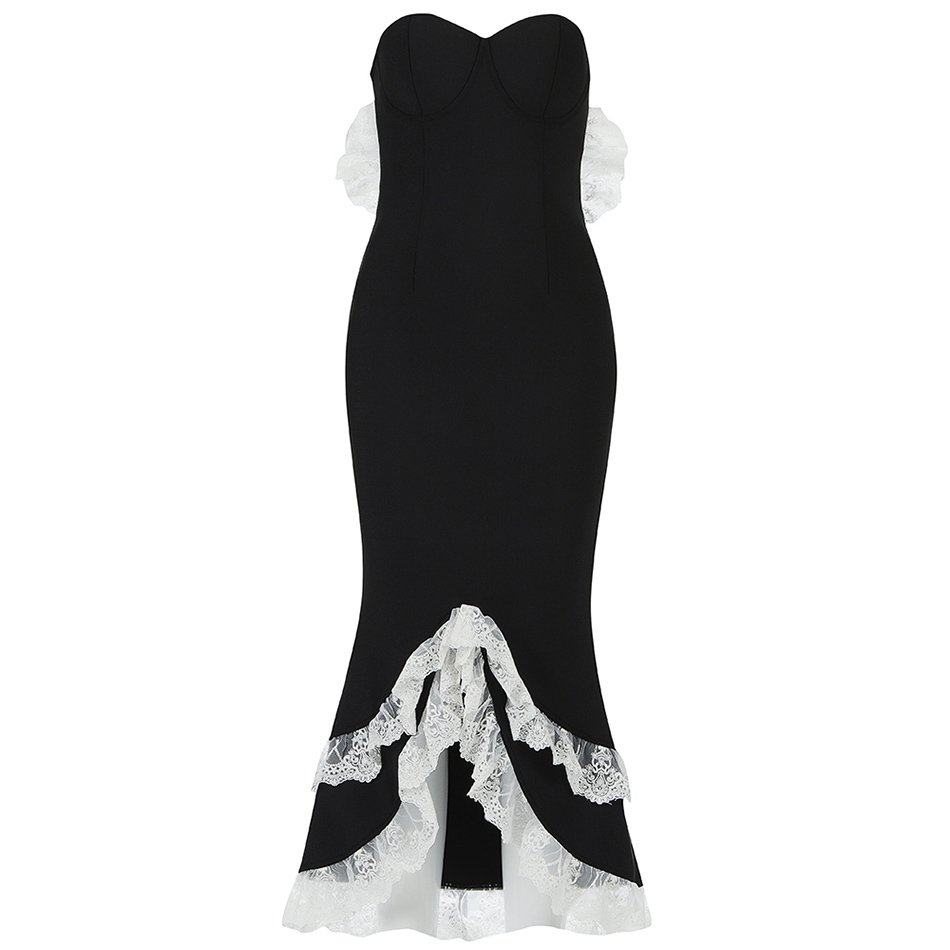 Ladies Summer Black Fashion Sleeveless Lace Edge Slim Sexy Bandage Calf Long Mermaid Celebrity Party Dress 210525