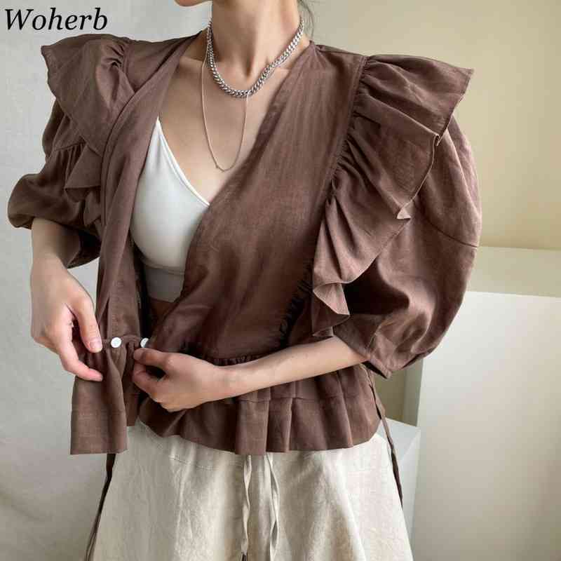 Women Blouse Vintage Temperament Blusas V-neck Ruffles Patchwork Fashion Shirts Lace-up Slim Waist Puff Short Sleeve Tops 210519