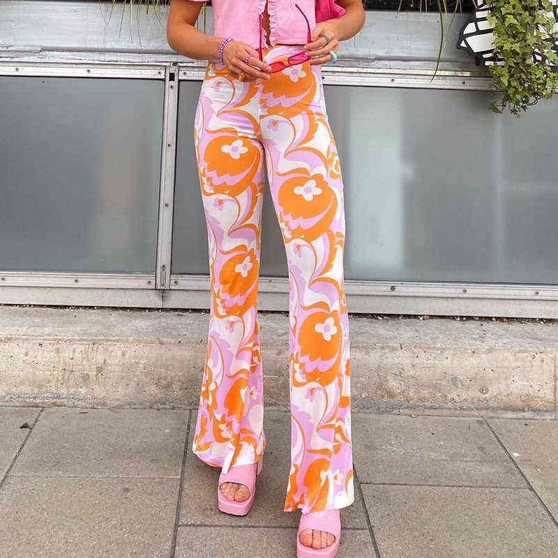 Floral Printed Flare Pants For Women Fashion Summer Chic Tie Dye Long Trousers Female Casual Sweatpant s Streetwear 211115