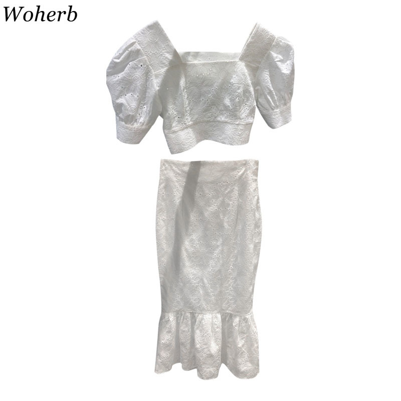 Korean Chic Suit Puff Short Sleeve Lace White Crop Tops High Waist Slim Bodycon Skirt Femme Roupas Two-piece Sets Women 210519