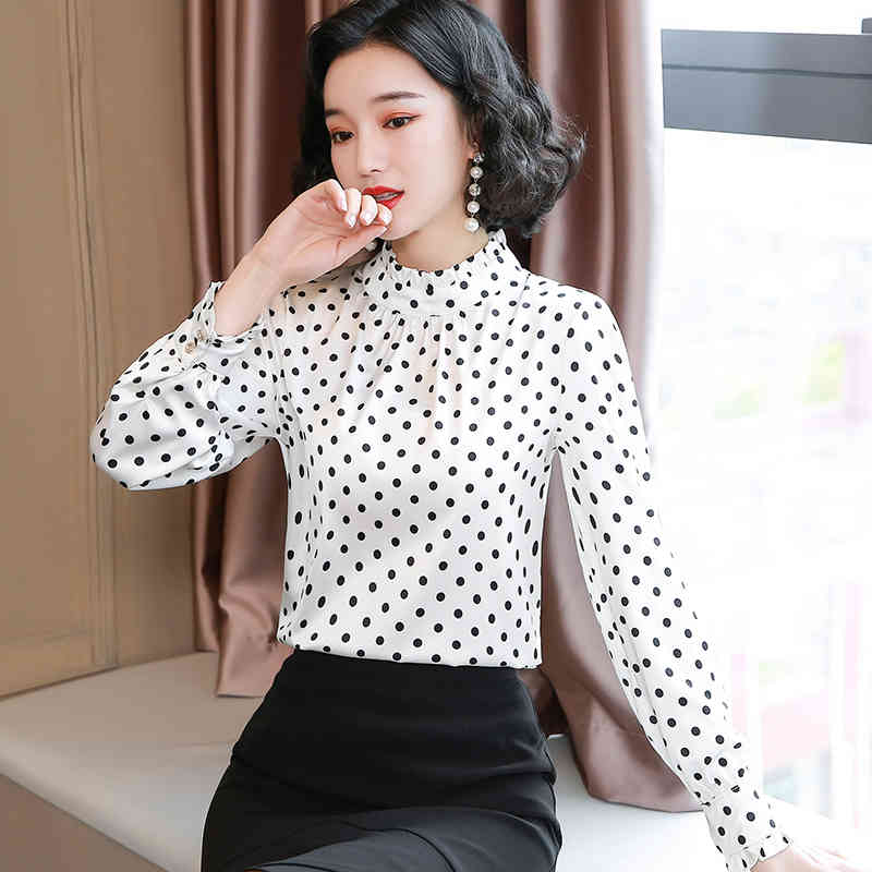Casual Stand Collar Women Tops Spring Fashion Chiffon Shirts Long Sleeve Polka Dot Blouses Blusas 9068 50 210506