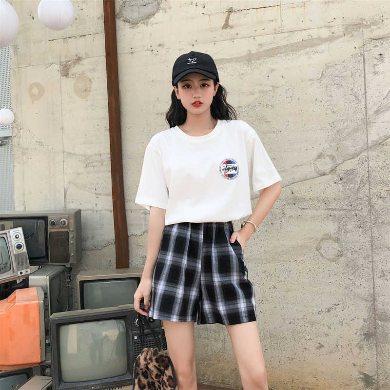 Summer women's Harajuku plaid elastic waist loose casual shorts 210714