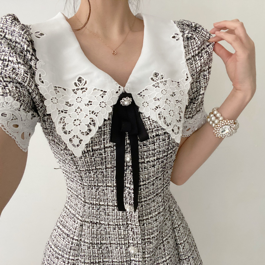 Retro Fashion Summer Women Sweet Bowknot Puff Sleeve Vestidos Elegant Tweed Plaid Chic Mini Dress 210519