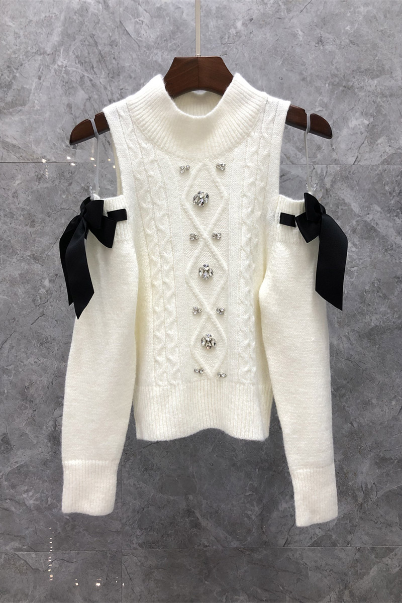 High neck off shoulder diamond slim sweater women's autumn European new full match elegant, White
High neck off shoulder diamond slim sweater women's autumn European new full match elegant, White