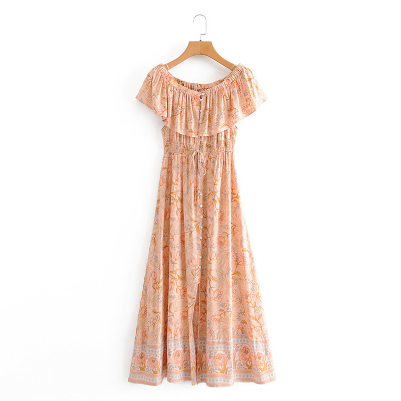 beauty Fashion Women Summer Boho Dress Sweet Printed Word Shoulder Waist Ruffle Long Woman 210514