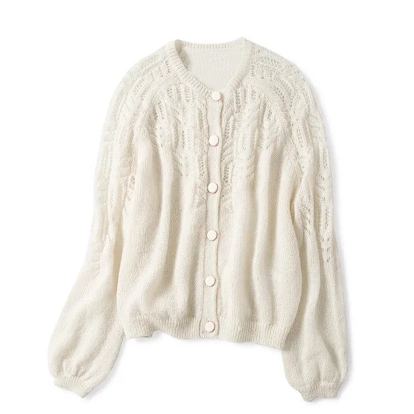Spring Women Hollow Out Knitted Cardigan O Neck Solid Color Single Breasted Knitted Sweater Knitwear 210918