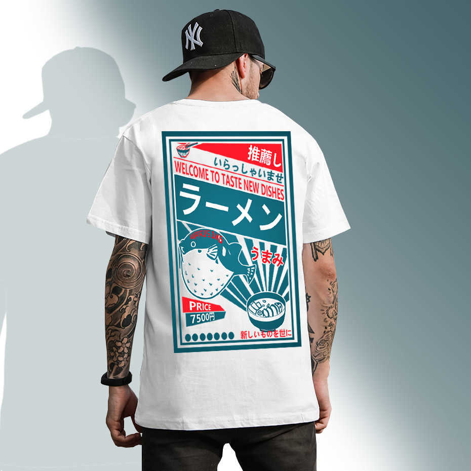 Japanese Harajuku T-Shirt Men Summer Hip Hop T Shirts Dolphin Noodle Ship Cartoon Streetwear Tshirts Short Sleeve Top Cotton 210629