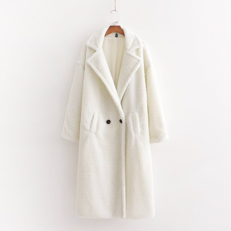 Evfer Women Fashion Teddy Cashmere White Loose Outwear Female Elegant Double Breasted Winter Warm Long Coats Ladies Thick Jacket 210421
