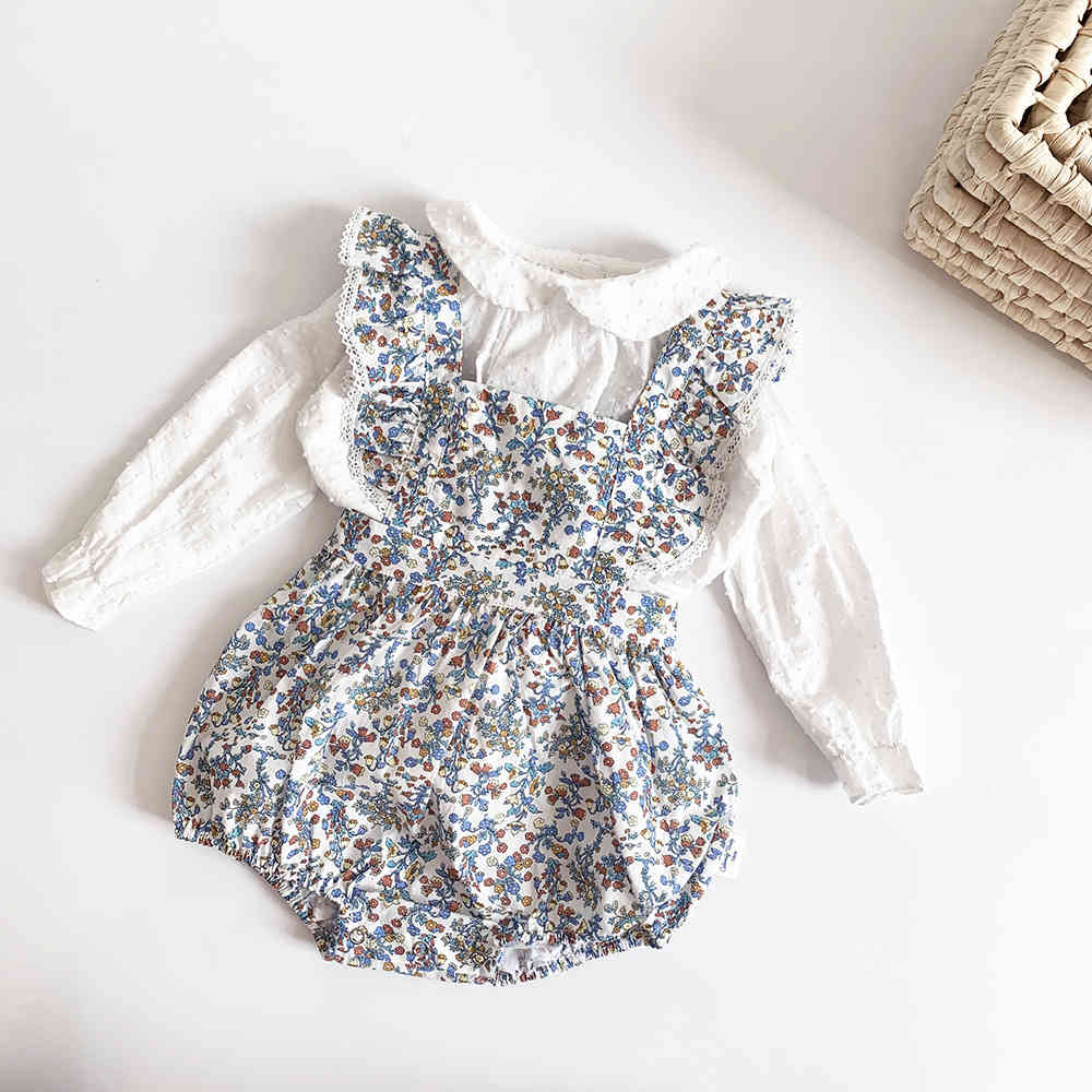 spring and summer girls cotton floral lotus leaf jumpsuit baby romper bow overalls girl clothes 210515