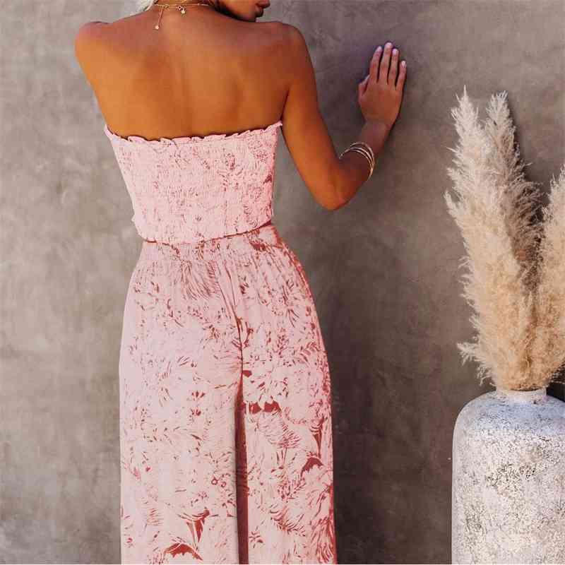 Sexy 2 Pieces Sets Blue Printing Beachwear Women Floral Clothes Tank Top Wide Leg Pants Outwear Beach Cover up A427 210420