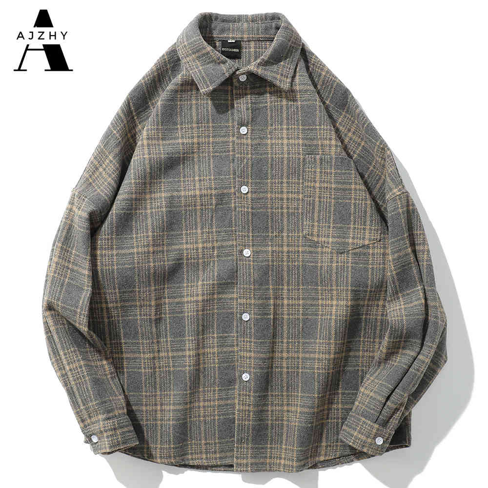Casual Men Shirt Long Sleeve Autumn Winter Thick Plaid flannel Shirts Mens of Women Vintage Japanese Streetwear Pocket Camisas 210410