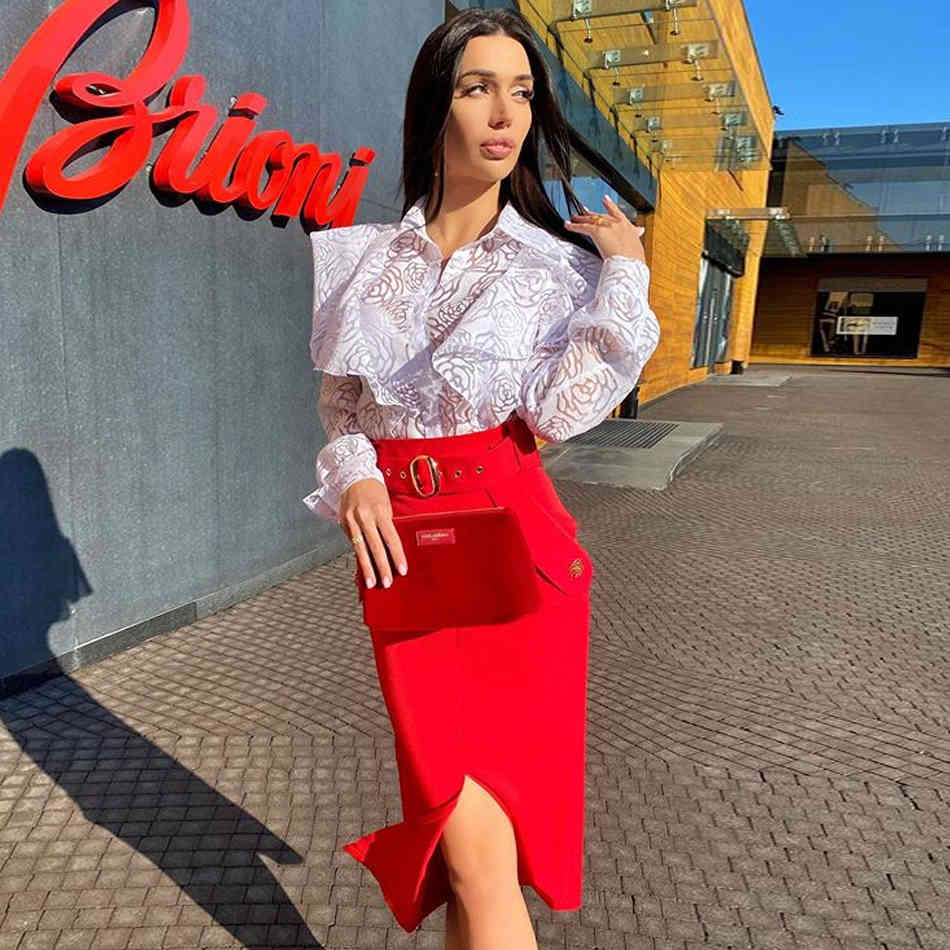 Summer Women White Knitted Pencil Belt Bandage Skirt Sexy Knee Length Buttons Celebrity Evening Party Club Skirts 210423